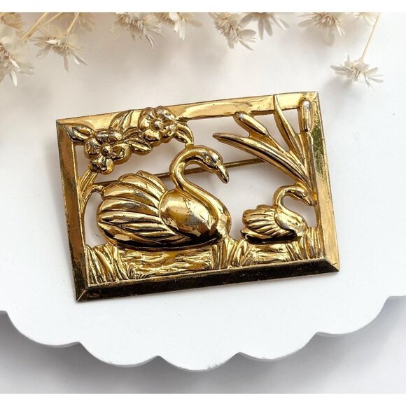 Jewelry - Coro Sterling Signed Vermeil Rectangular Swan Accented Figural Vintage Brooch